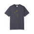 Purple t-shirt with a graphic design and text on a white background