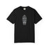 Black t-shirt with surf graphic and text on a white background