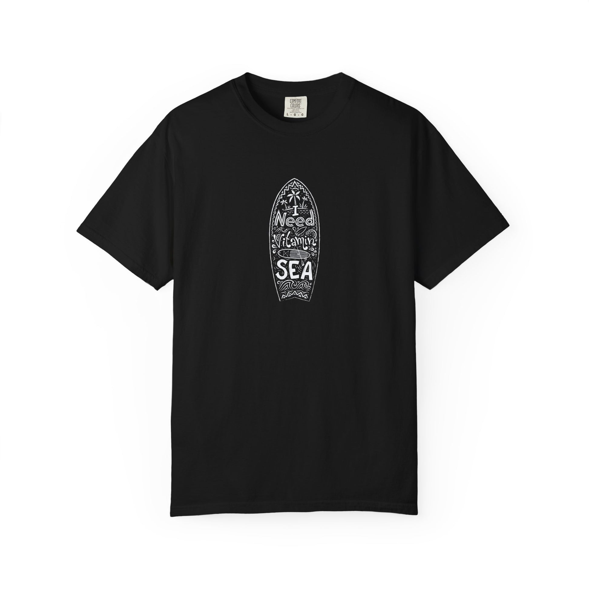 Black t-shirt with surf graphic and text on a white background