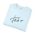 A light blue folded crewneck t-shirt with a black cursive 'Thank you' script printed on the front, displayed on a clean white background.