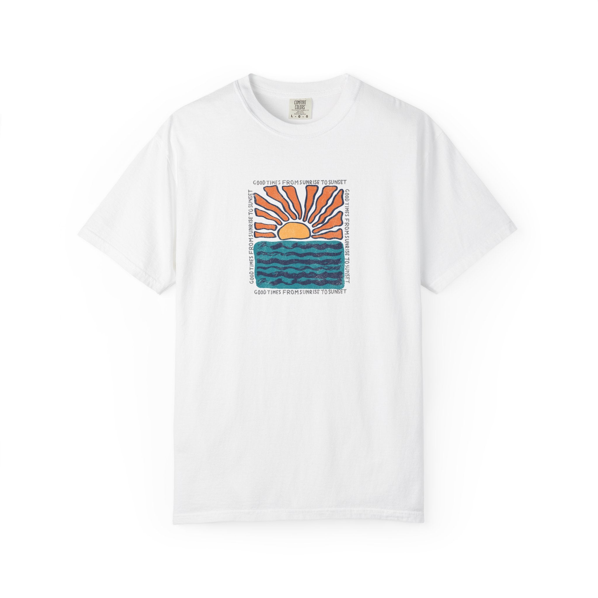 A white short-sleeve crewneck t-shirt featuring a square graphic print on the chest with a stylized orange and yellow sun over blue ocean waves, surrounded by text.