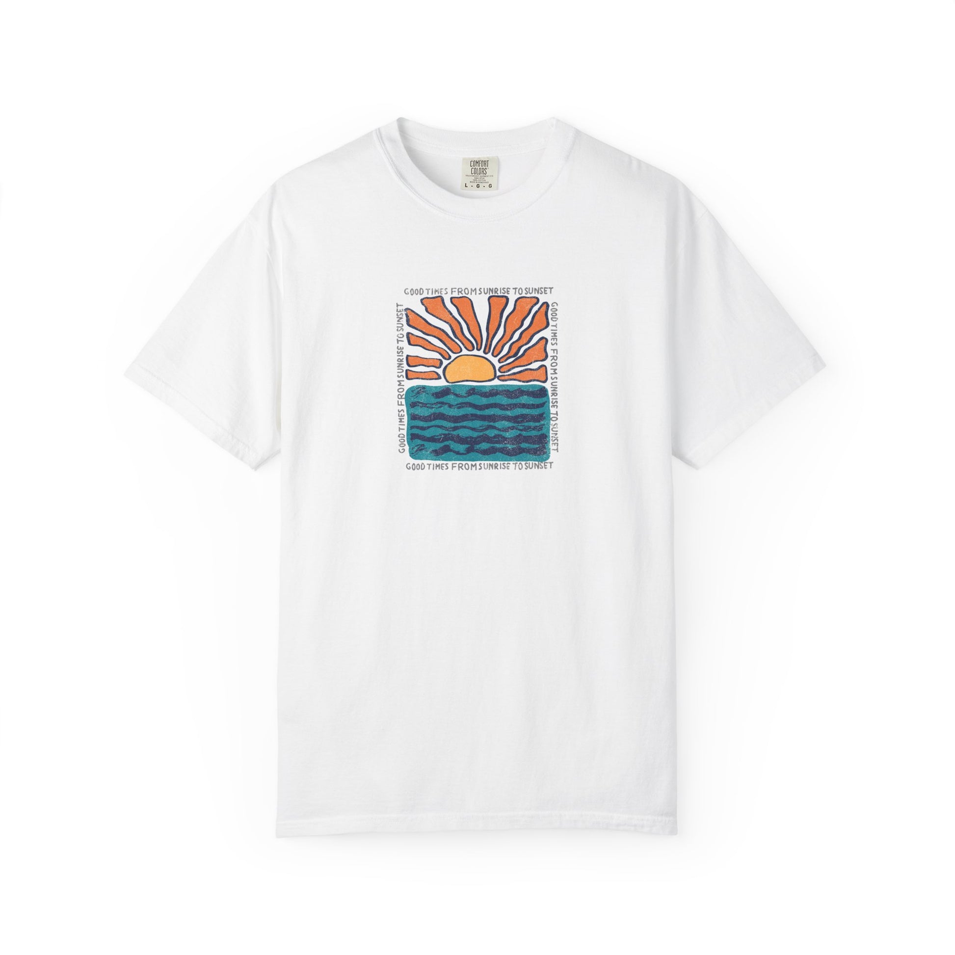 A white short-sleeve crewneck t-shirt featuring a square graphic print on the chest with a stylized orange and yellow sun over blue ocean waves, surrounded by text.