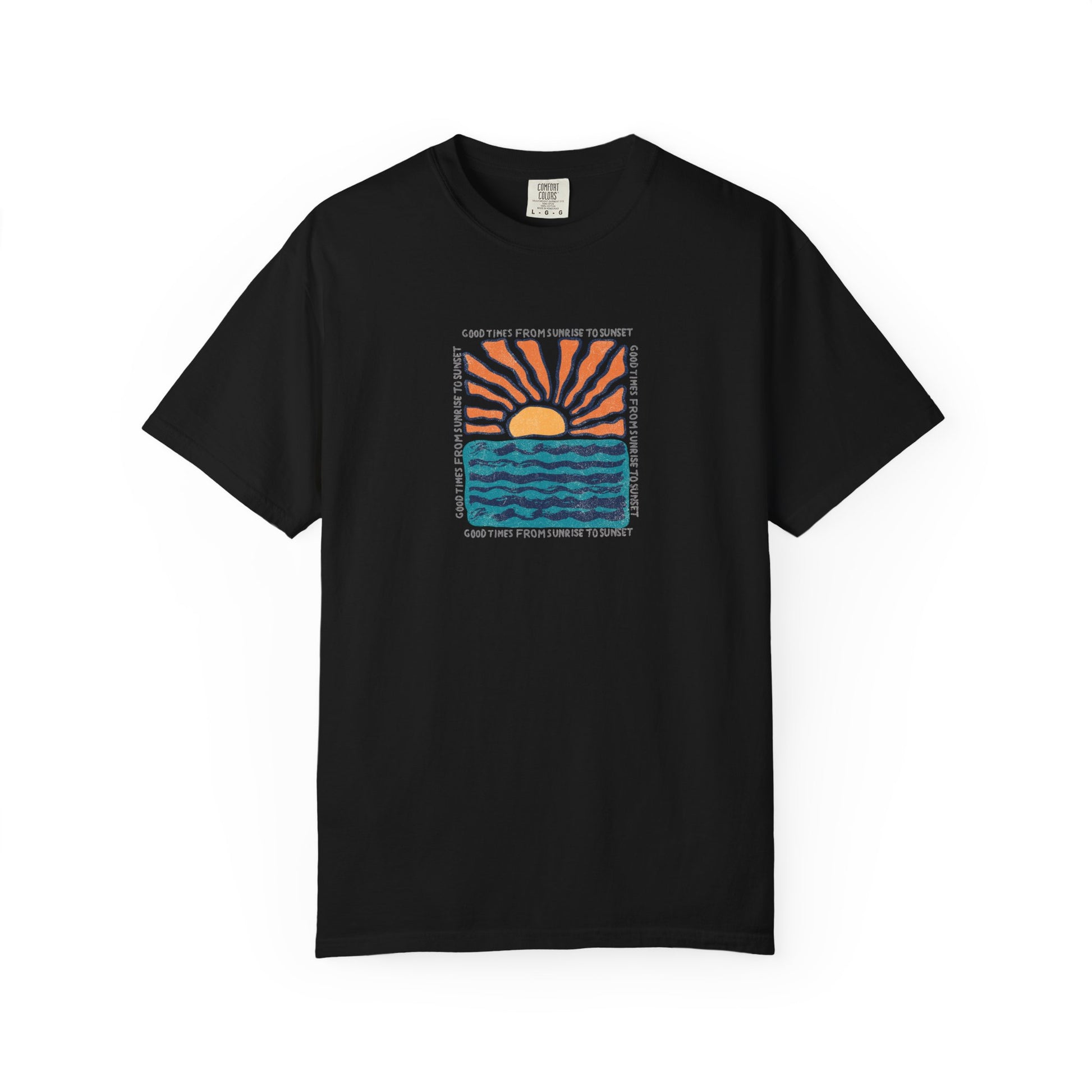 Black t-shirt with green text and clover design on a white background