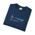 Folded navy blue t-shirt with graphic design on a white background