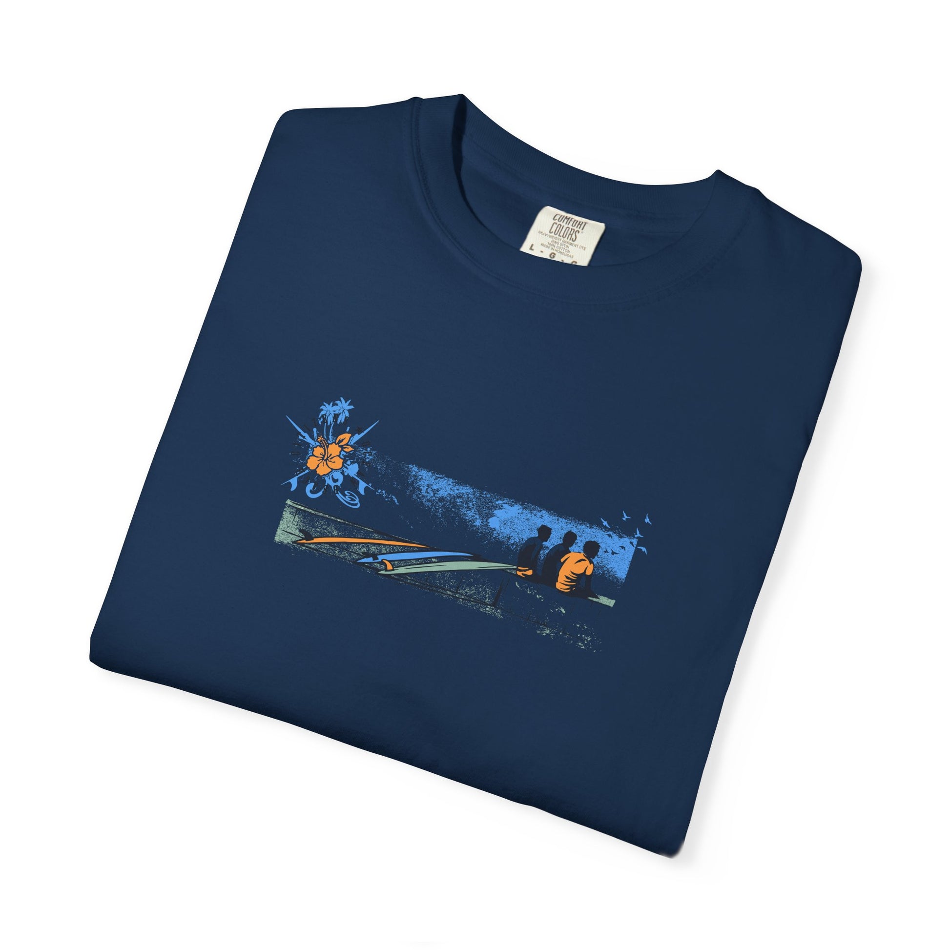 Folded navy blue t-shirt with graphic design on a white background
