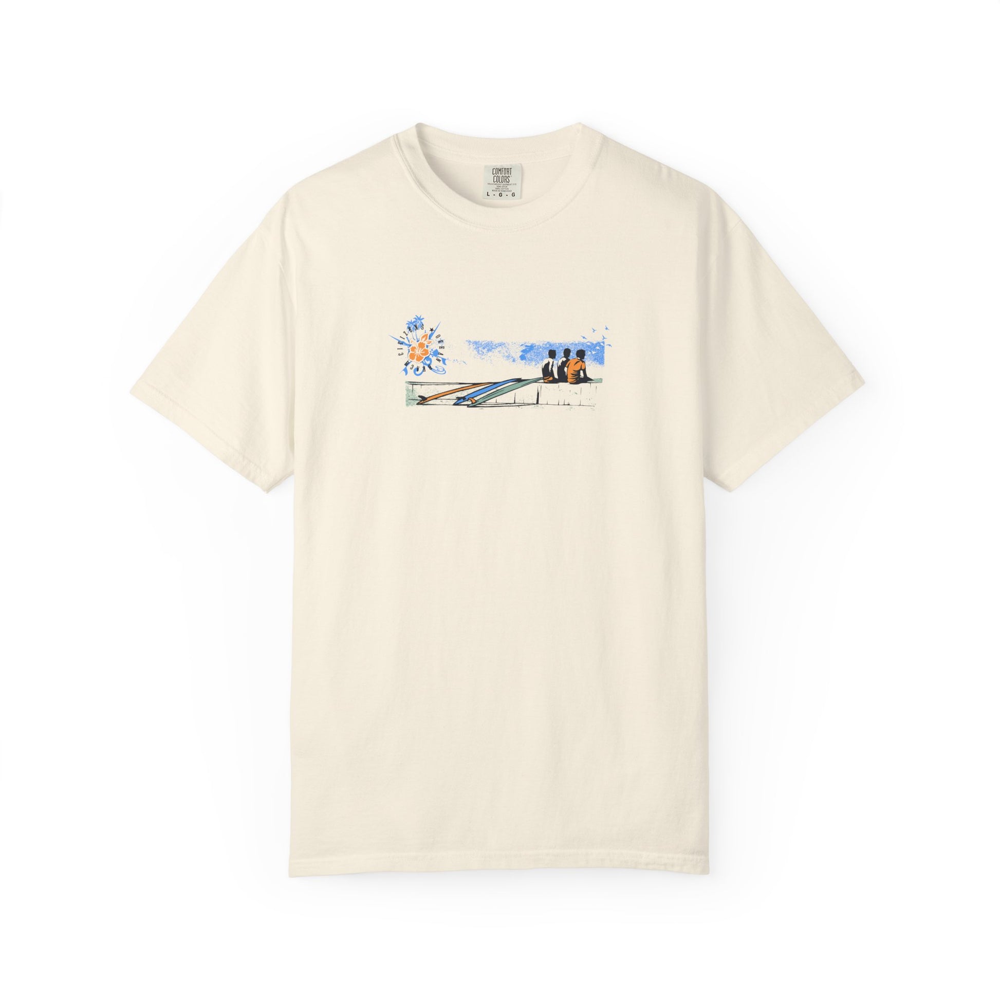 Beige t-shirt with a graphic of two people on a beach and a flower.