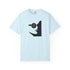 A light blue short-sleeve crewneck t-shirt featuring a black graphic print of a woman's profile with a pentagram symbol in her eye, displayed on a clean white background.