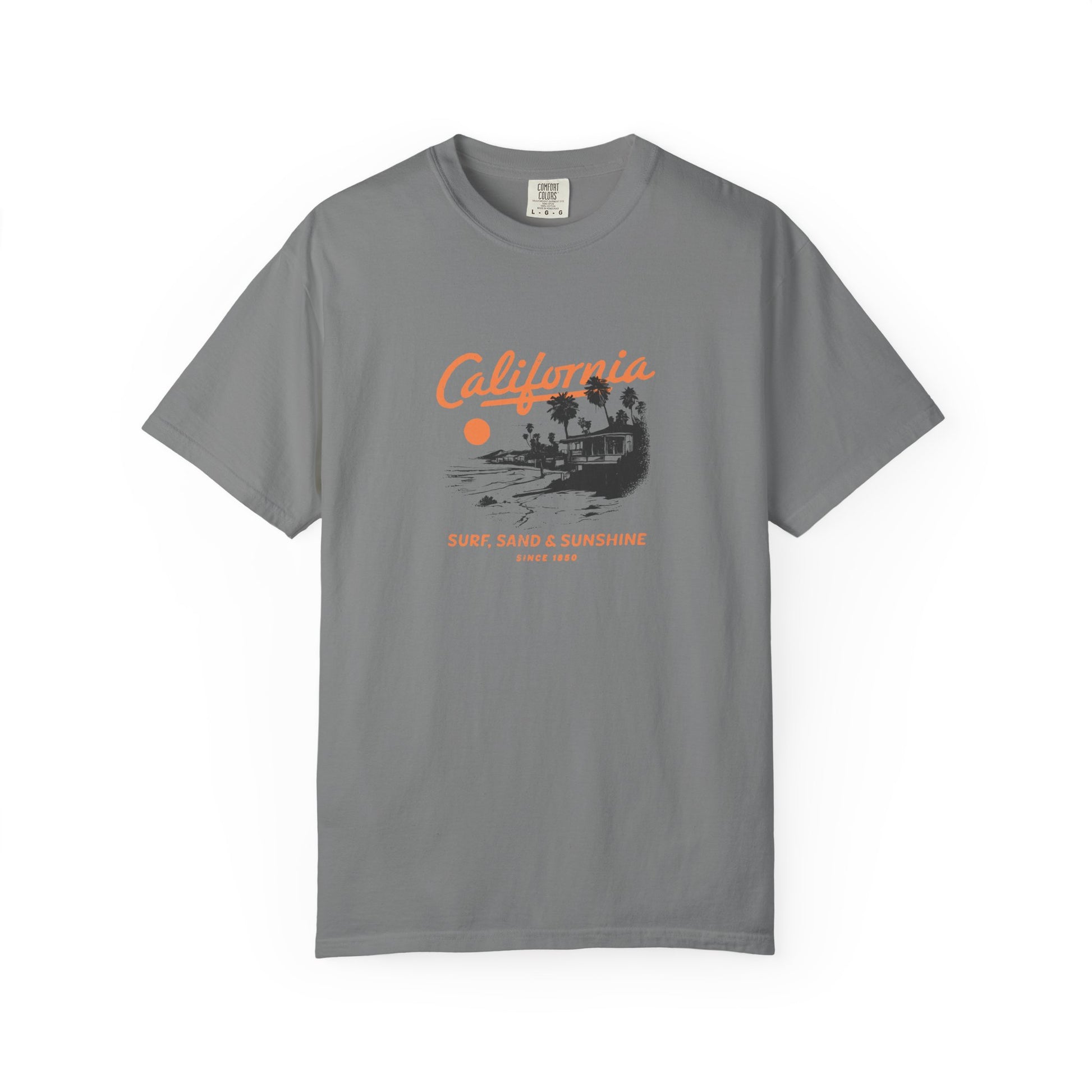 California Surfboard Graphic T-Shirt — 'California: Surf, Sand & Sunshine' Vintage Beach Tee