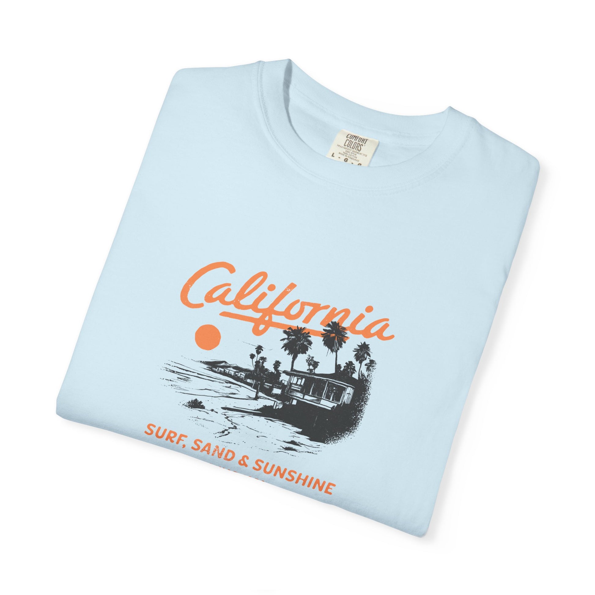 California Surfboard Graphic T-Shirt — 'California: Surf, Sand & Sunshine' Vintage Beach Tee
