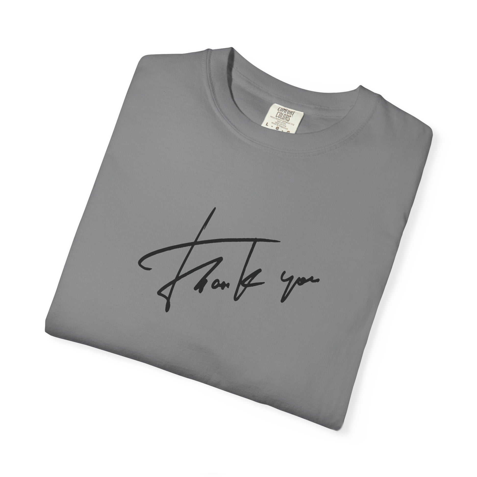 Folded  t-shirt with a thanks graphic 