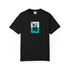Black t-shirt with red text on a white background