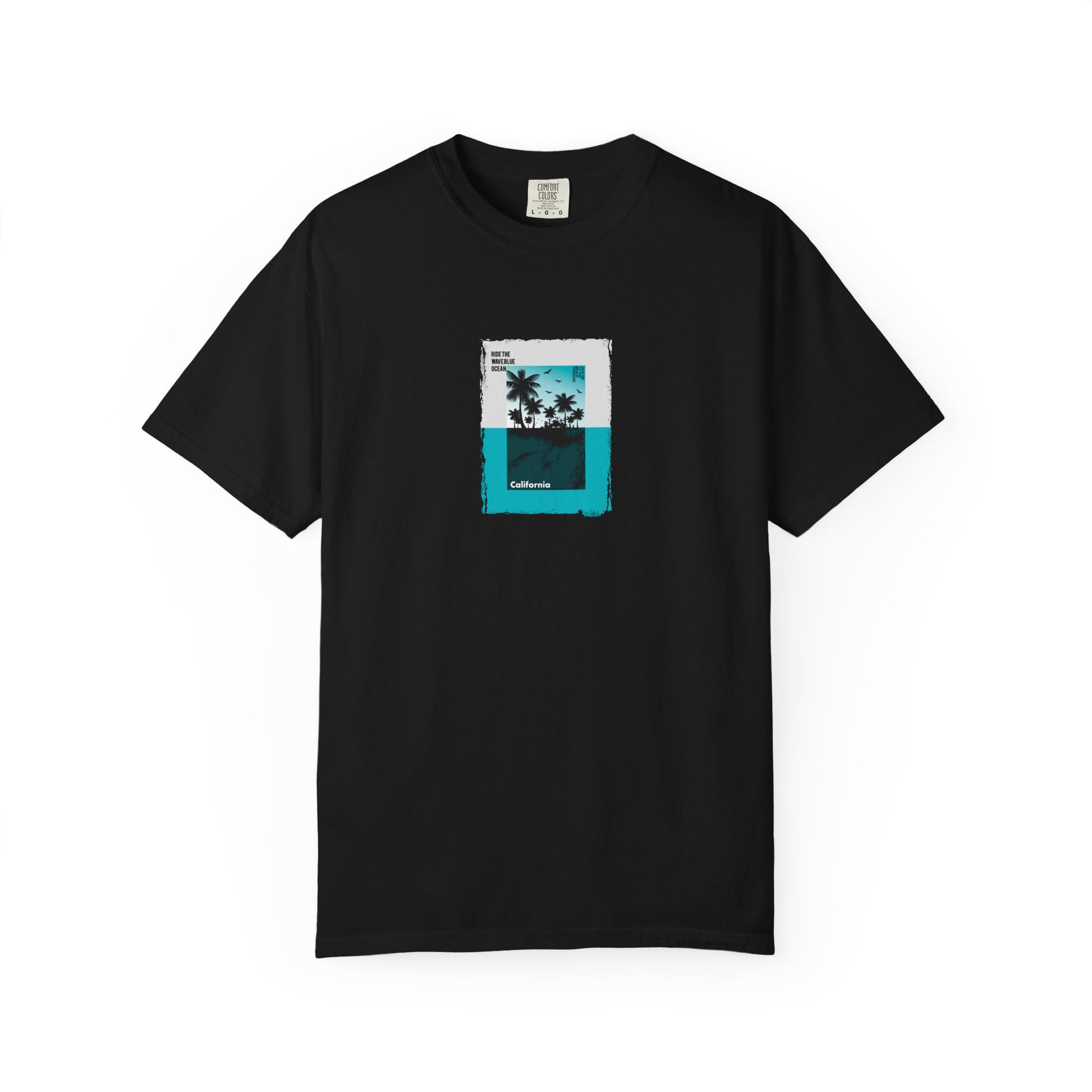 Black t-shirt with red text on a white background