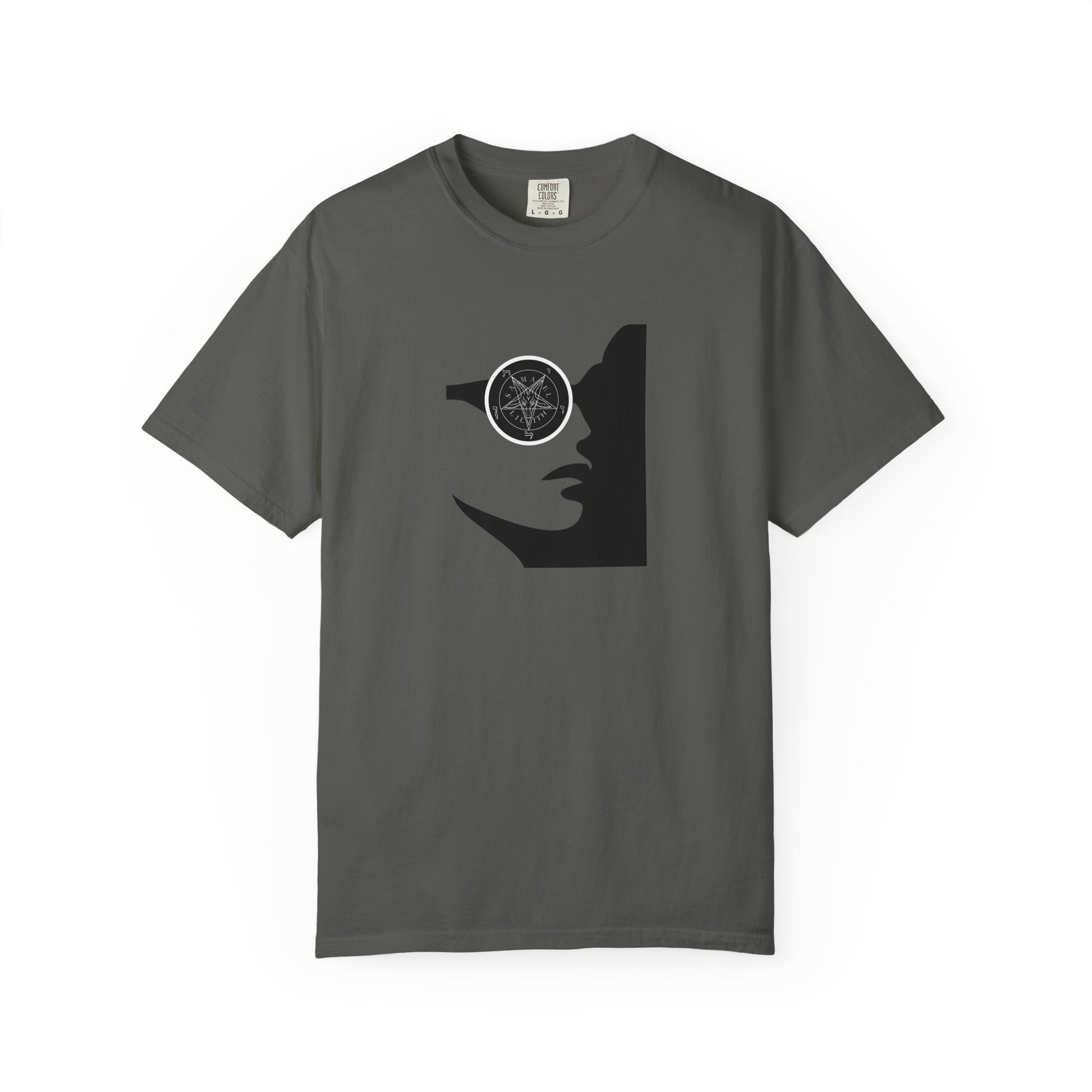 A dark gray crewneck t-shirt featuring a black graphic of a face wearing a pentagram circle design on the chest, displayed against a plain white background.