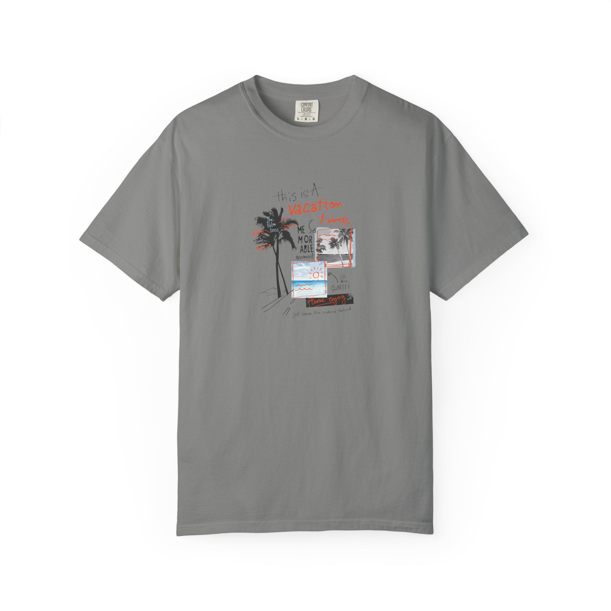 Gray t-shirt with a graphic design on a white background