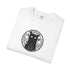 A folded white crewneck t-shirt featuring a black circular graphic of a cat inside a mystical symbol on the front, set against a plain white background.