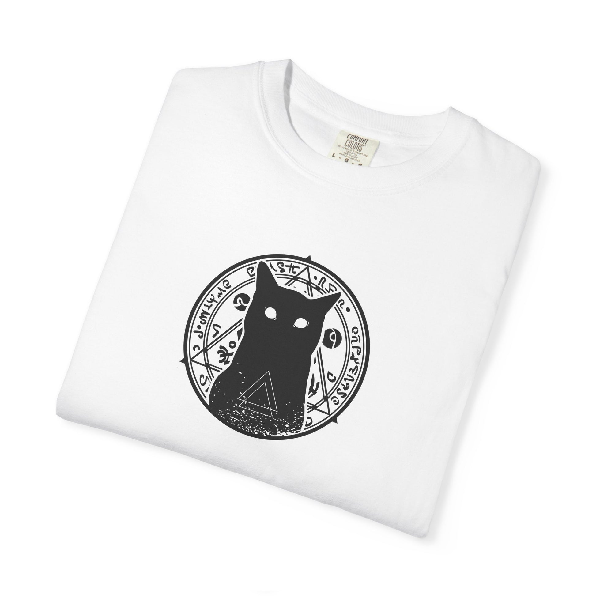 A folded white crewneck t-shirt featuring a black circular graphic of a cat inside a mystical symbol on the front, set against a plain white background.
