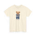 Beige t-shirt with a teddy bear graphic on a white background