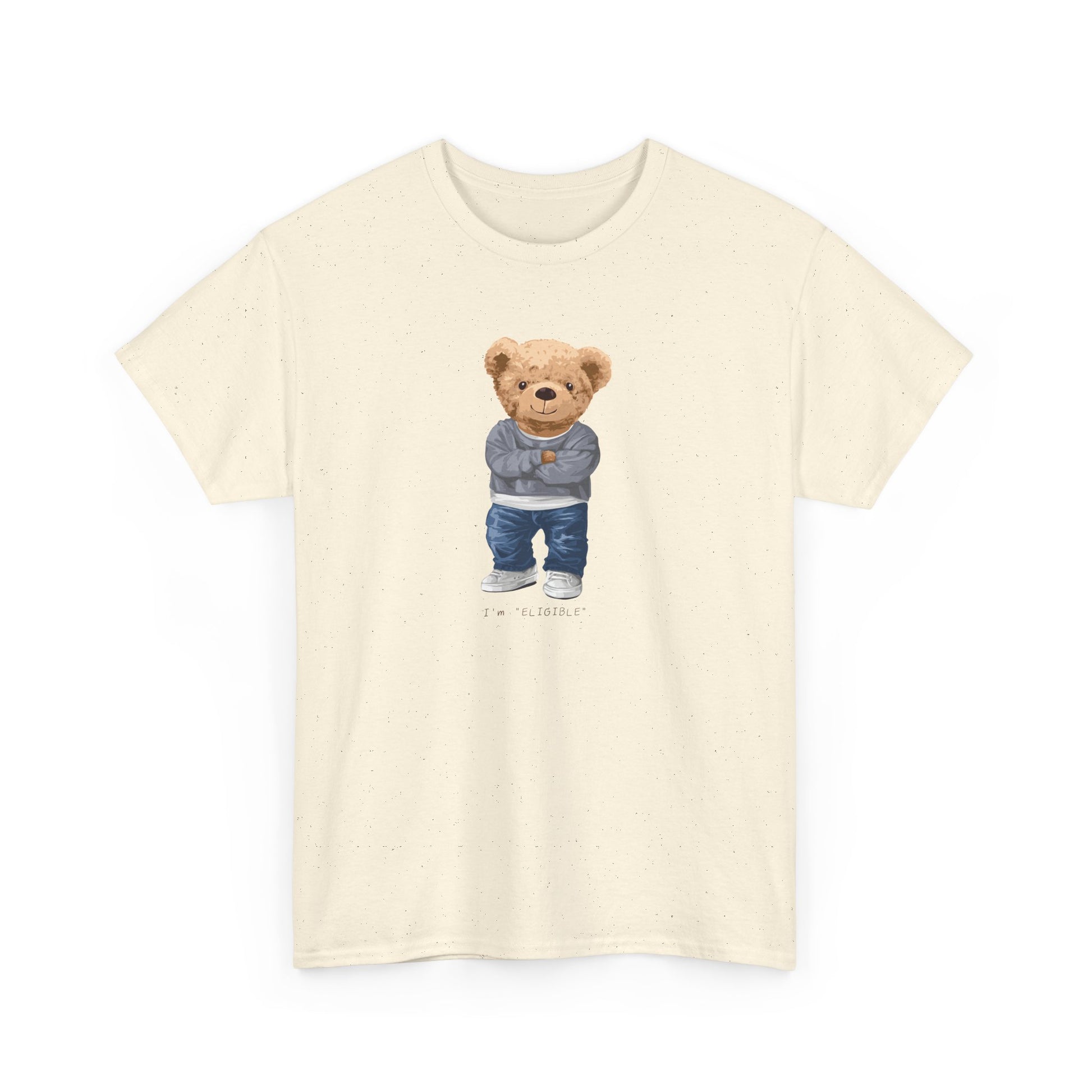 Beige t-shirt with a teddy bear graphic on a white background