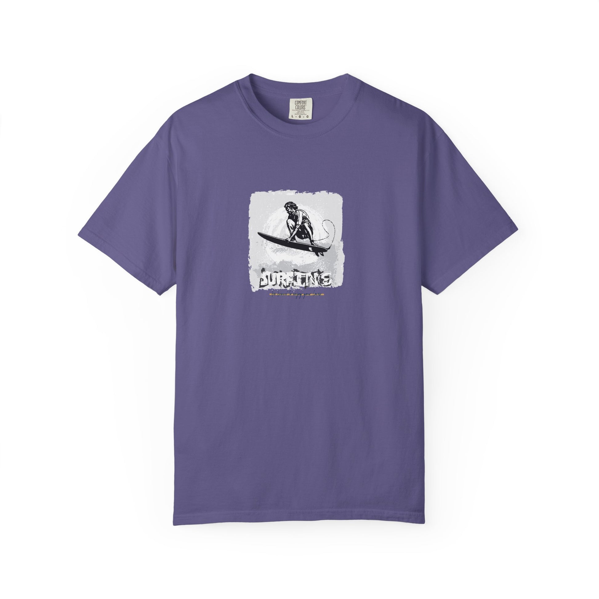 Purple t-shirt with a graphic design on a white background
