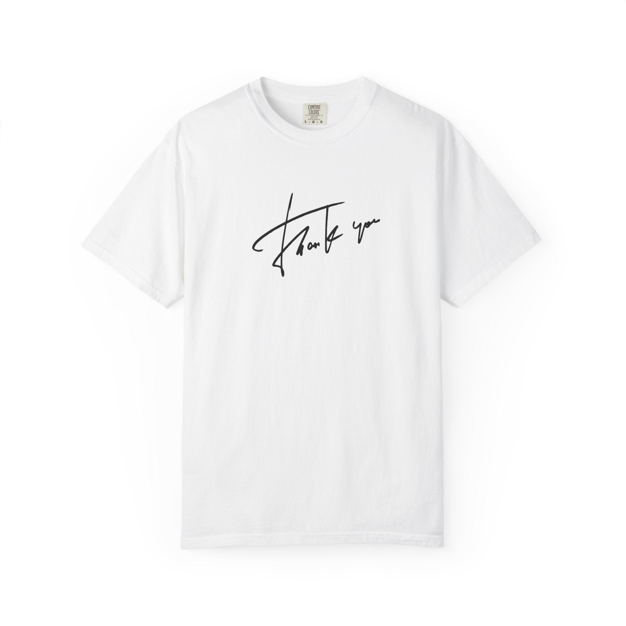 White t t-shirt with a thanks graphic 