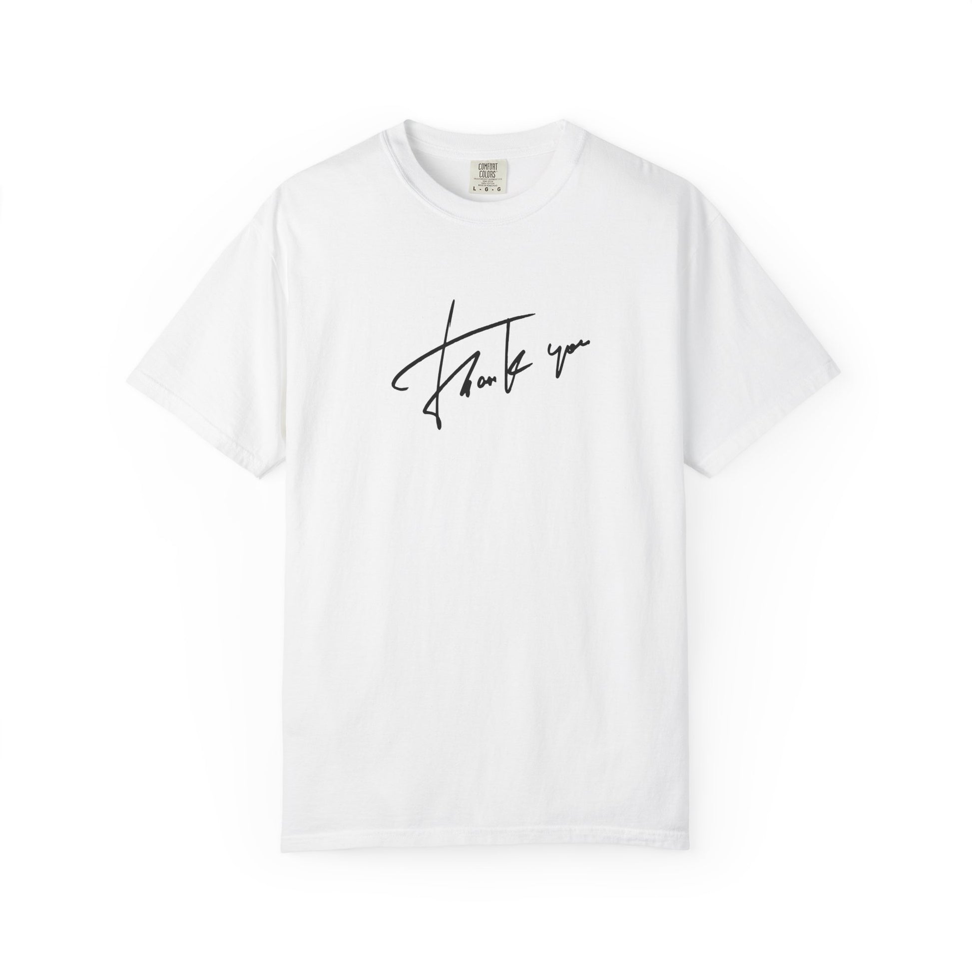 White t t-shirt with a thanks graphic 