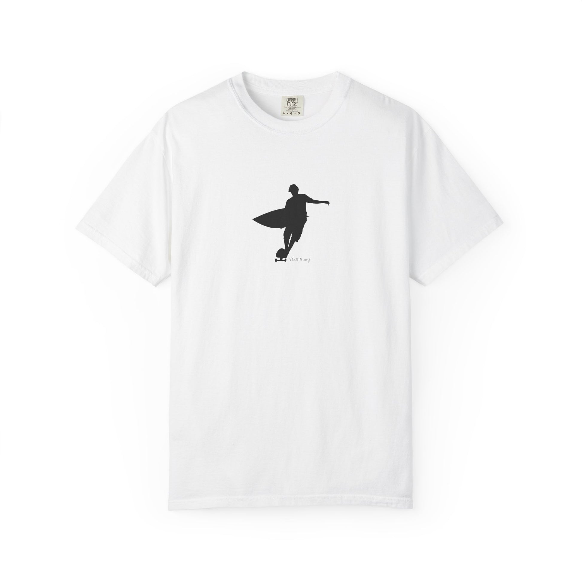 Minimal surfer silhouette graphic t-shirt with surfboard coastal surf design