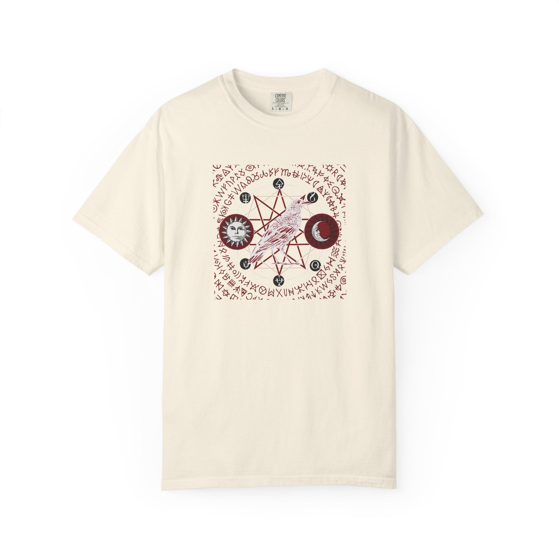 An off-white short-sleeve t-shirt with a central graphic of a pentagram, moon phases, and circular symbols in dark red and black, surrounded by circular text.