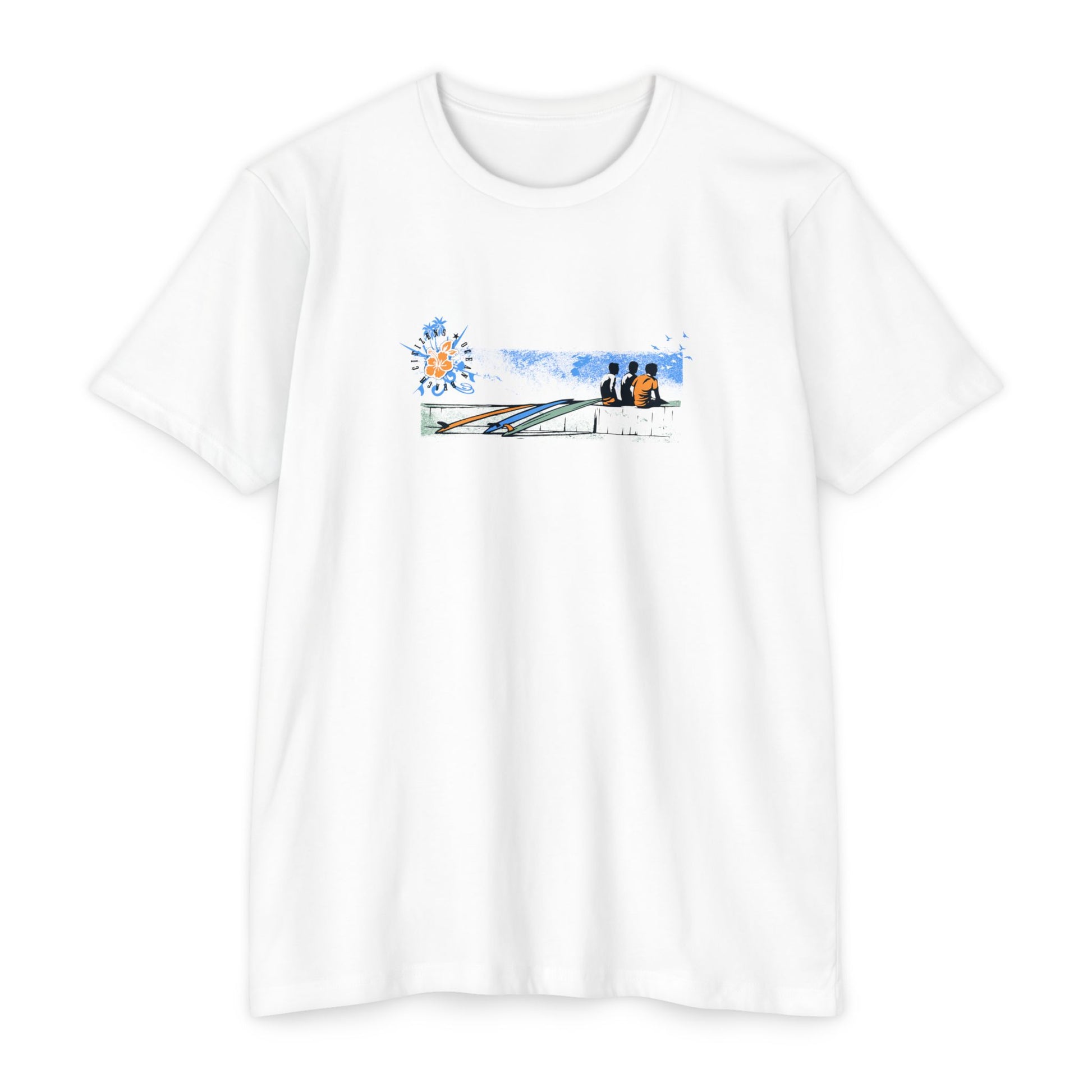 Ocean surf lifestyle graphic tee with surfboards and surfers coastal beach scene