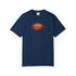 Navy blue t-shirt with a black cross on a white background