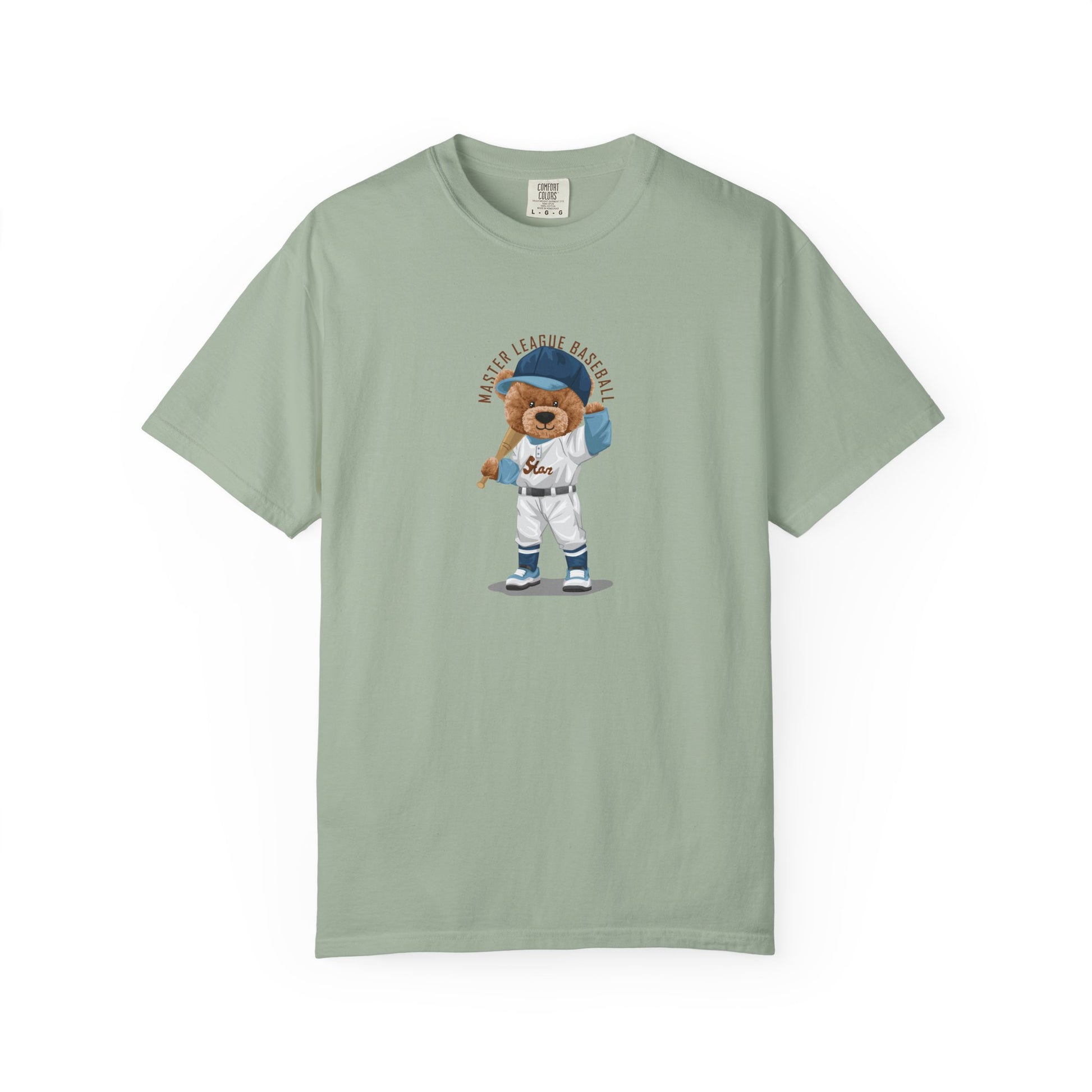 Light green t-shirt with a bear graphic in a baseball uniform on a white background