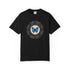 Black t-shirt with mountain graphic and text on a white background