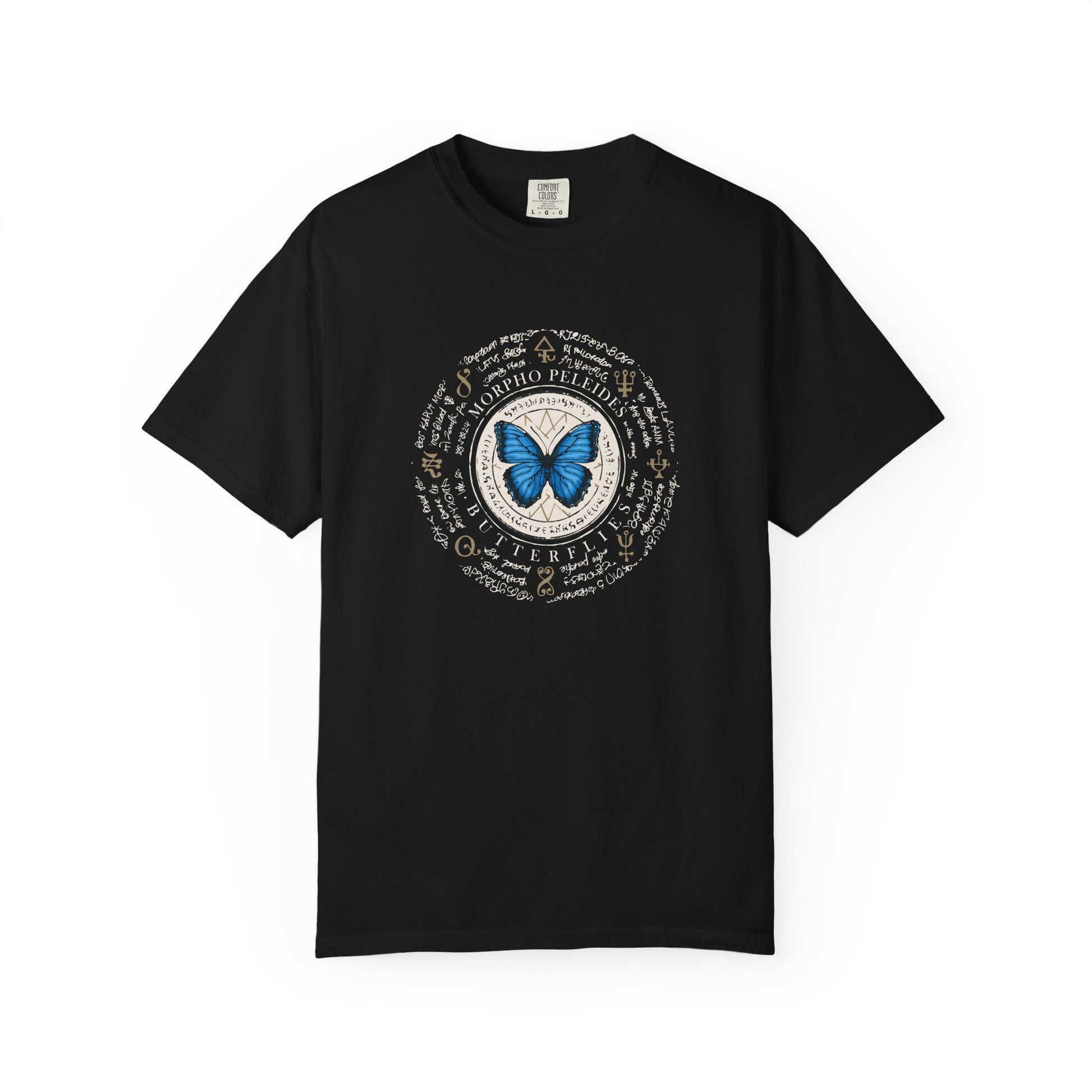 Black t-shirt with mountain graphic and text on a white background