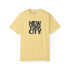 Yellow t-shirt with 'New York City' text on a white background