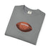 Folded gray t-shirt with a brown football graphic on a white background