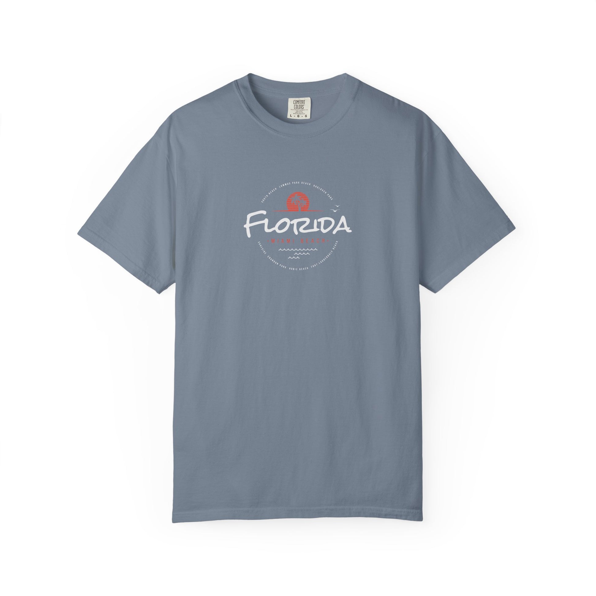 Blue t-shirt with 'florida' text on a white background