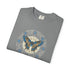 A folded gray crewneck t-shirt featuring a circular graphic print of a butterfly with blue and brown wings, surrounded by circular text elements including 'ANTONIO MACHADO' and 'MACHADO'.