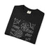 Folded dark gray t-shirt with white graphic design on a white background