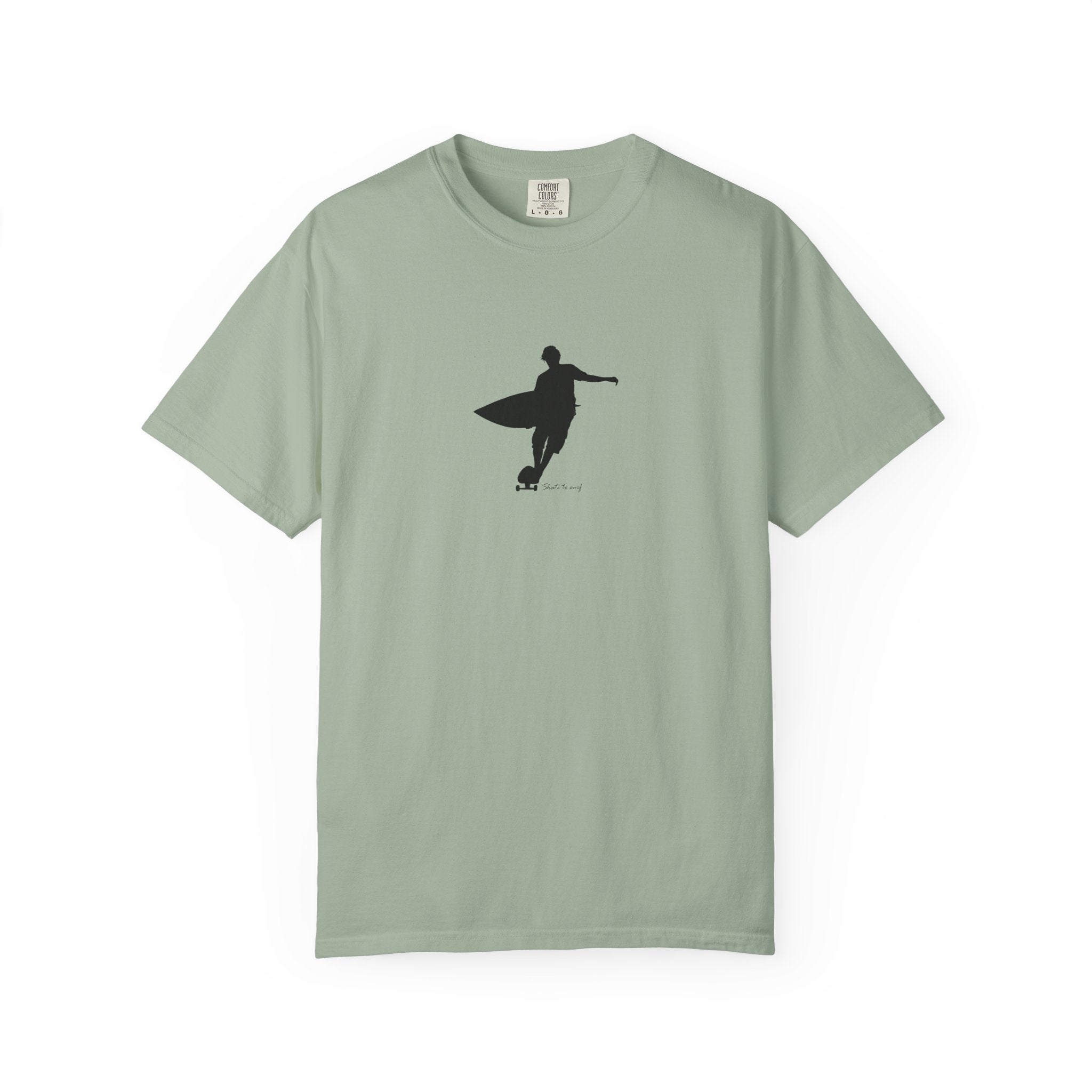 Minimal surfer silhouette graphic t-shirt with surfboard coastal surf design