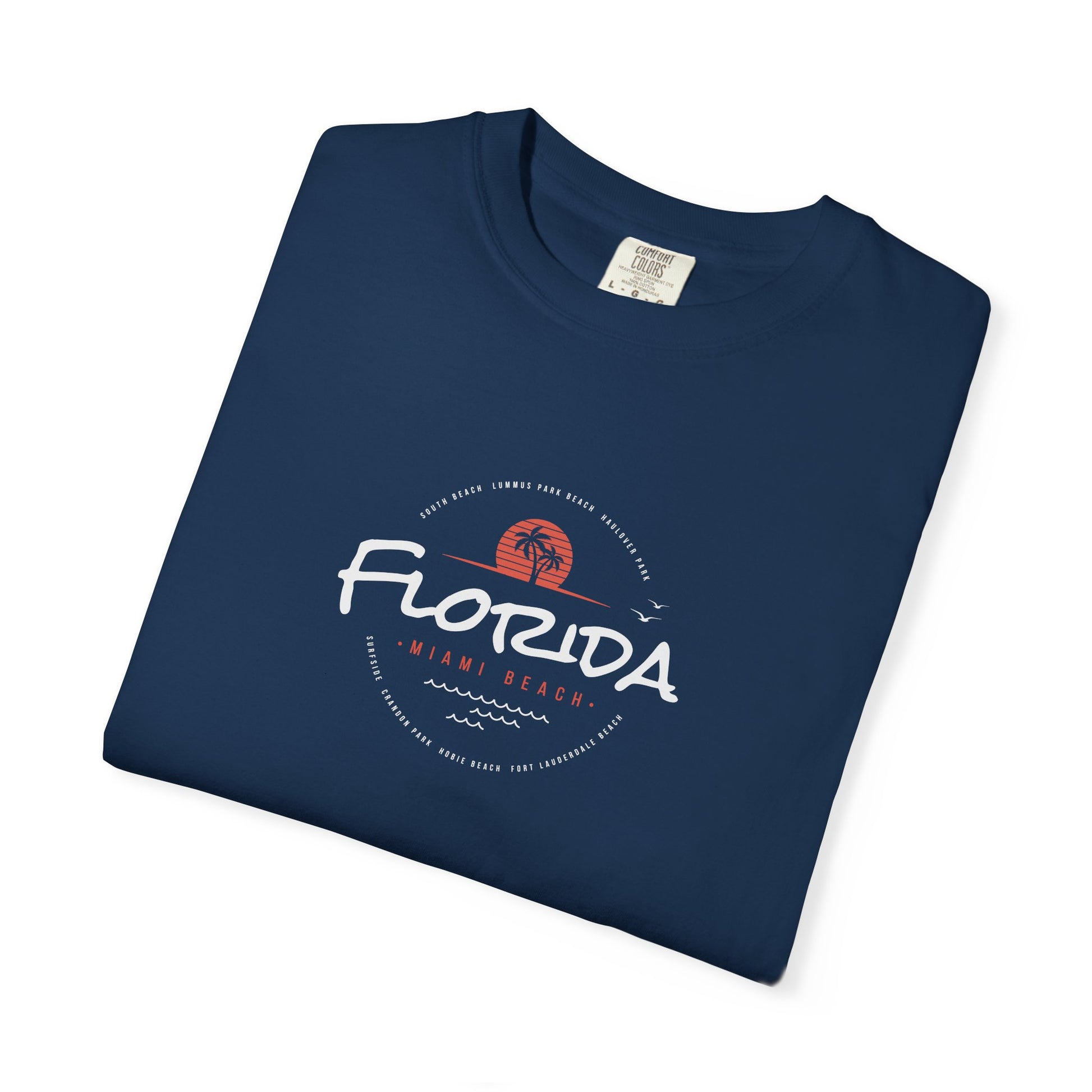 Black t-shirt with a ship graphic and text on a white background