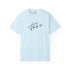 A light blue short-sleeve crewneck t-shirt with a black cursive 'thank you' graphic printed on the chest, displayed against a solid white background.