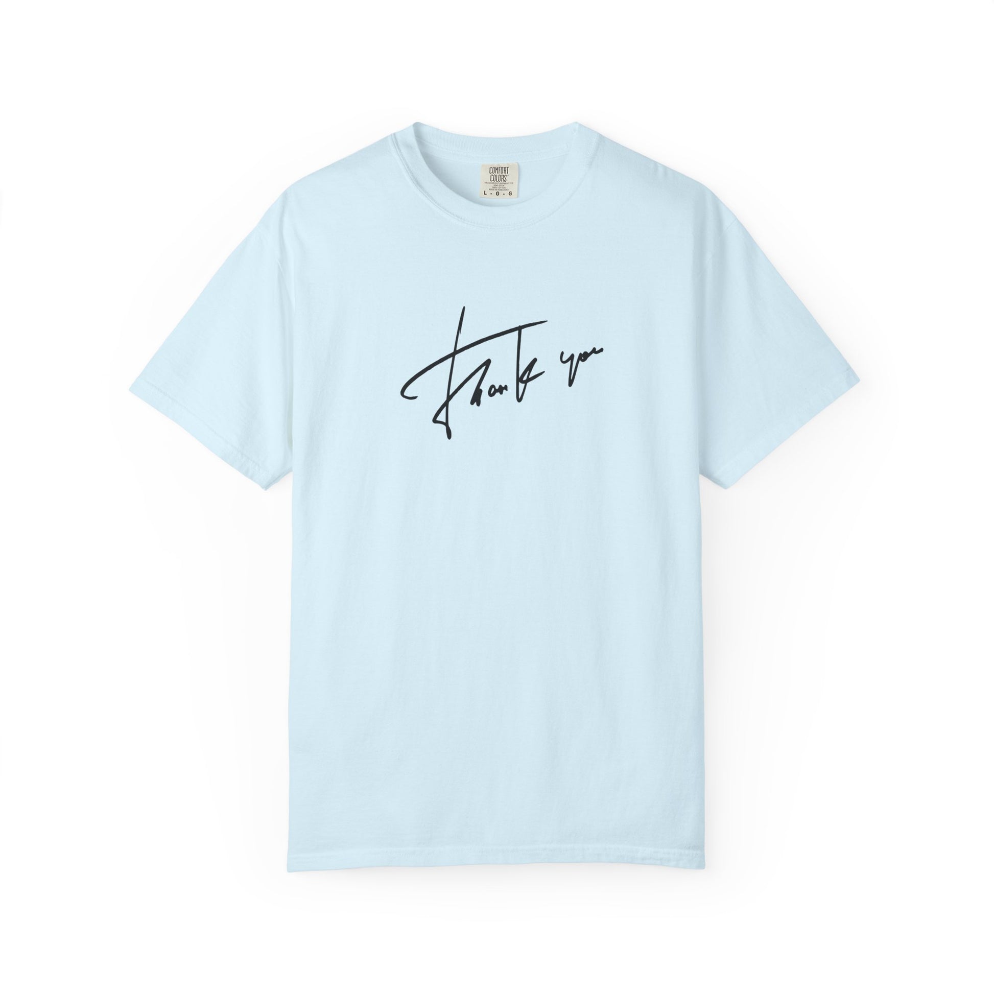 A light blue short-sleeve crewneck t-shirt with a black cursive 'thank you' graphic printed on the chest, displayed against a solid white background.