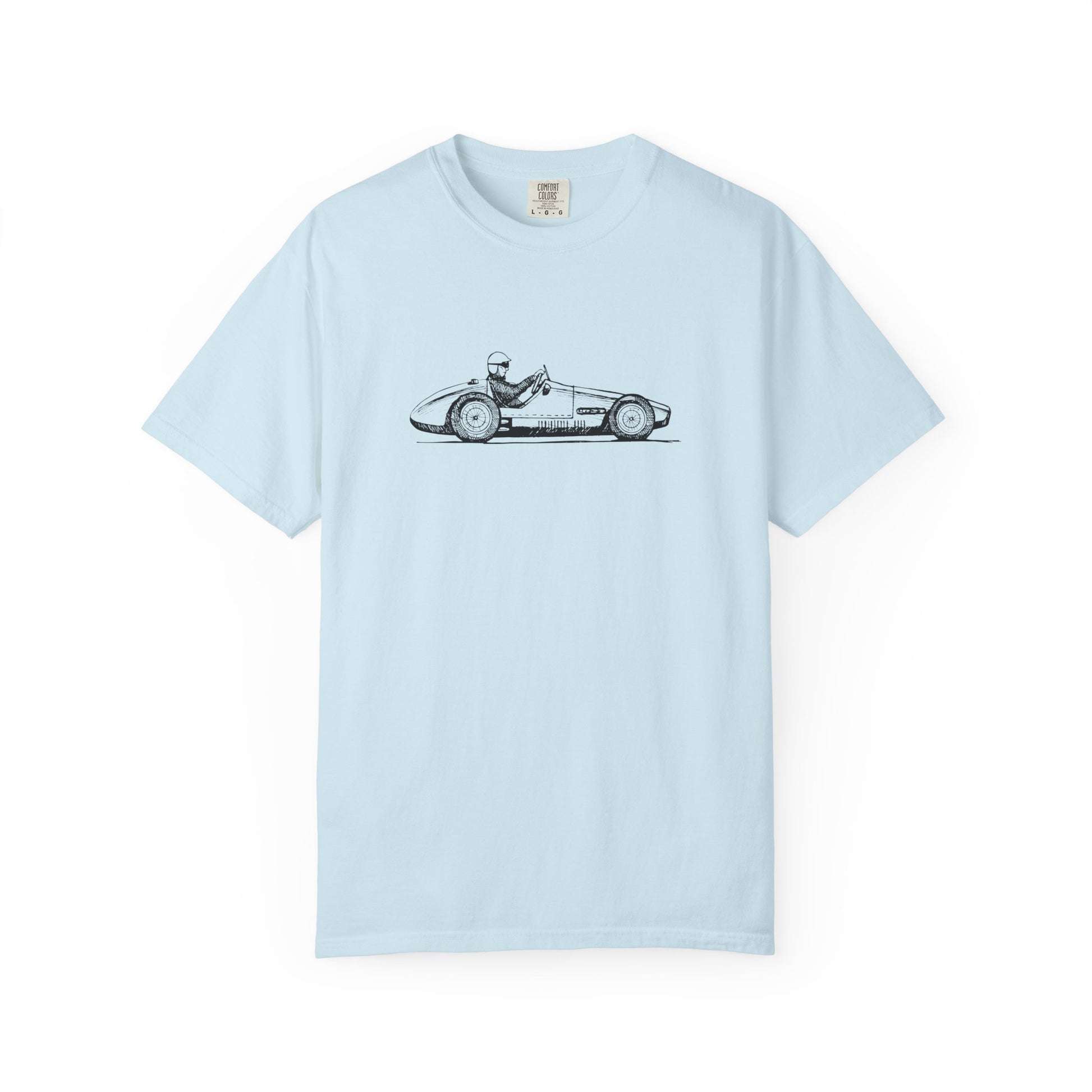 Light blue t-shirt with a vintage car graphic on a white background