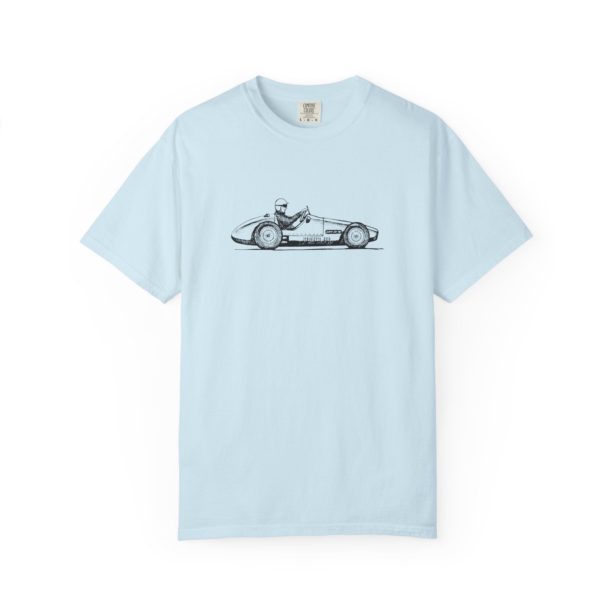 Light blue t-shirt with a vintage car graphic on a white background