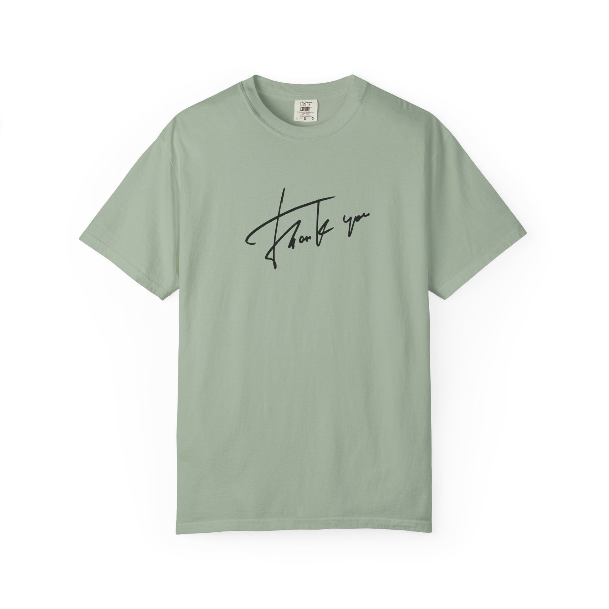 Green  t-shirt with a thanks graphic 