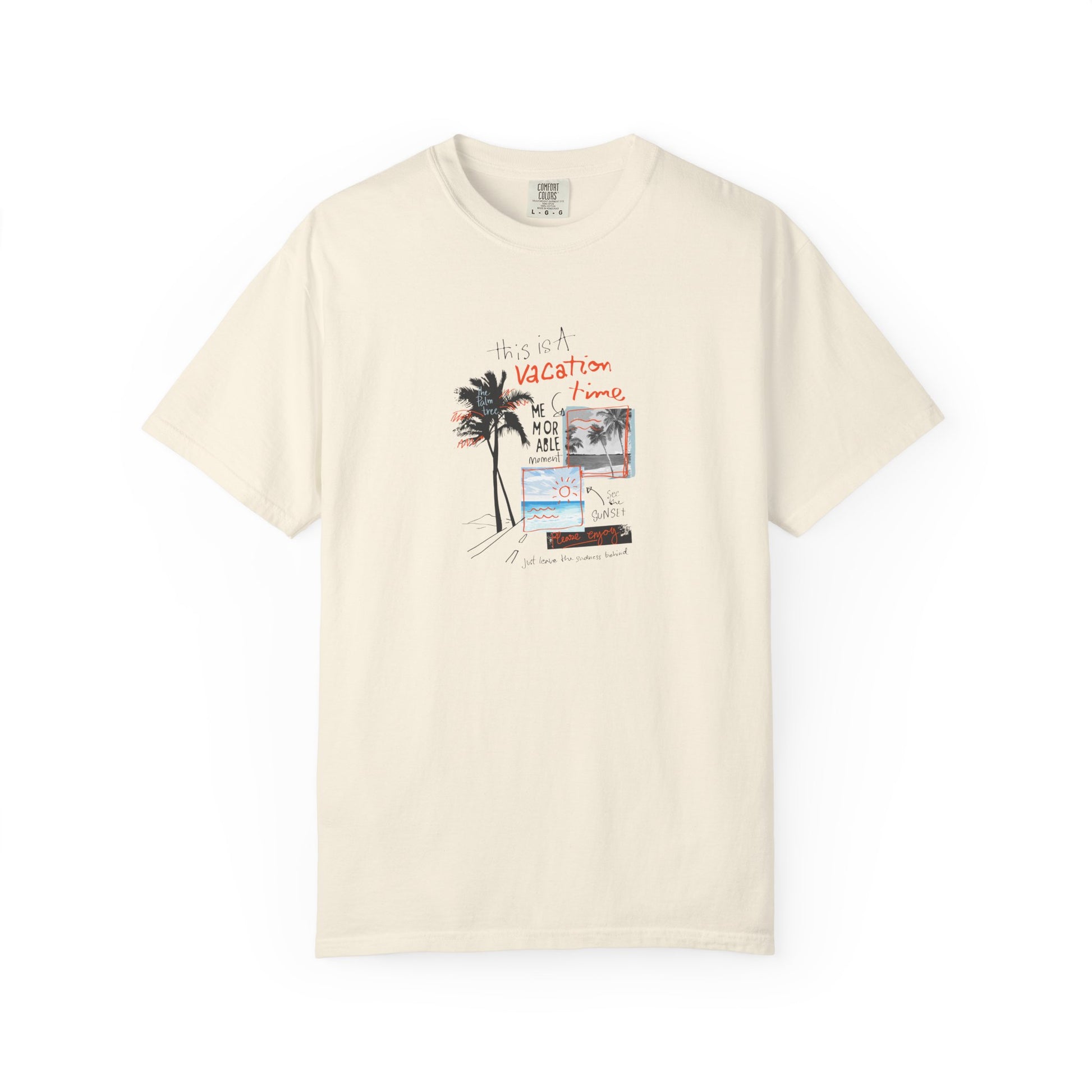 Beige t-shirt with a graphic design on a white background