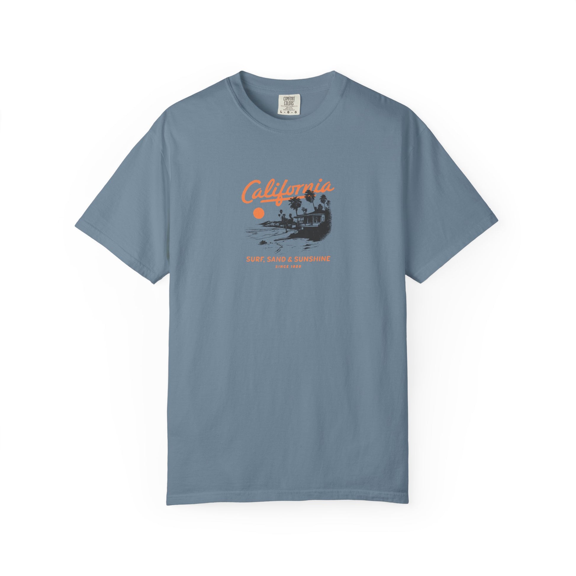 Blue t-shirt with 'California' graphic design on a white background