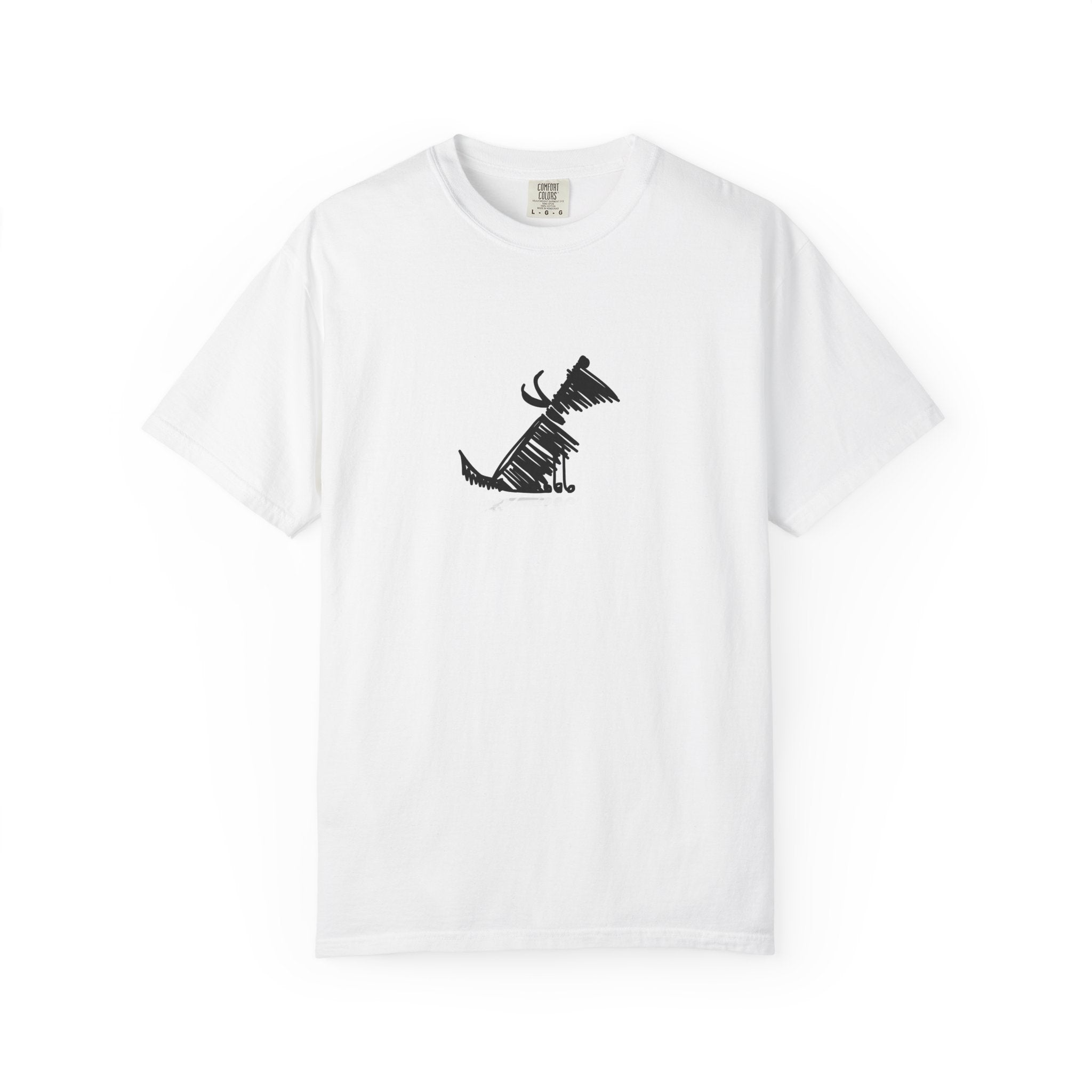 white t-shirt with abstract black dog illustration design