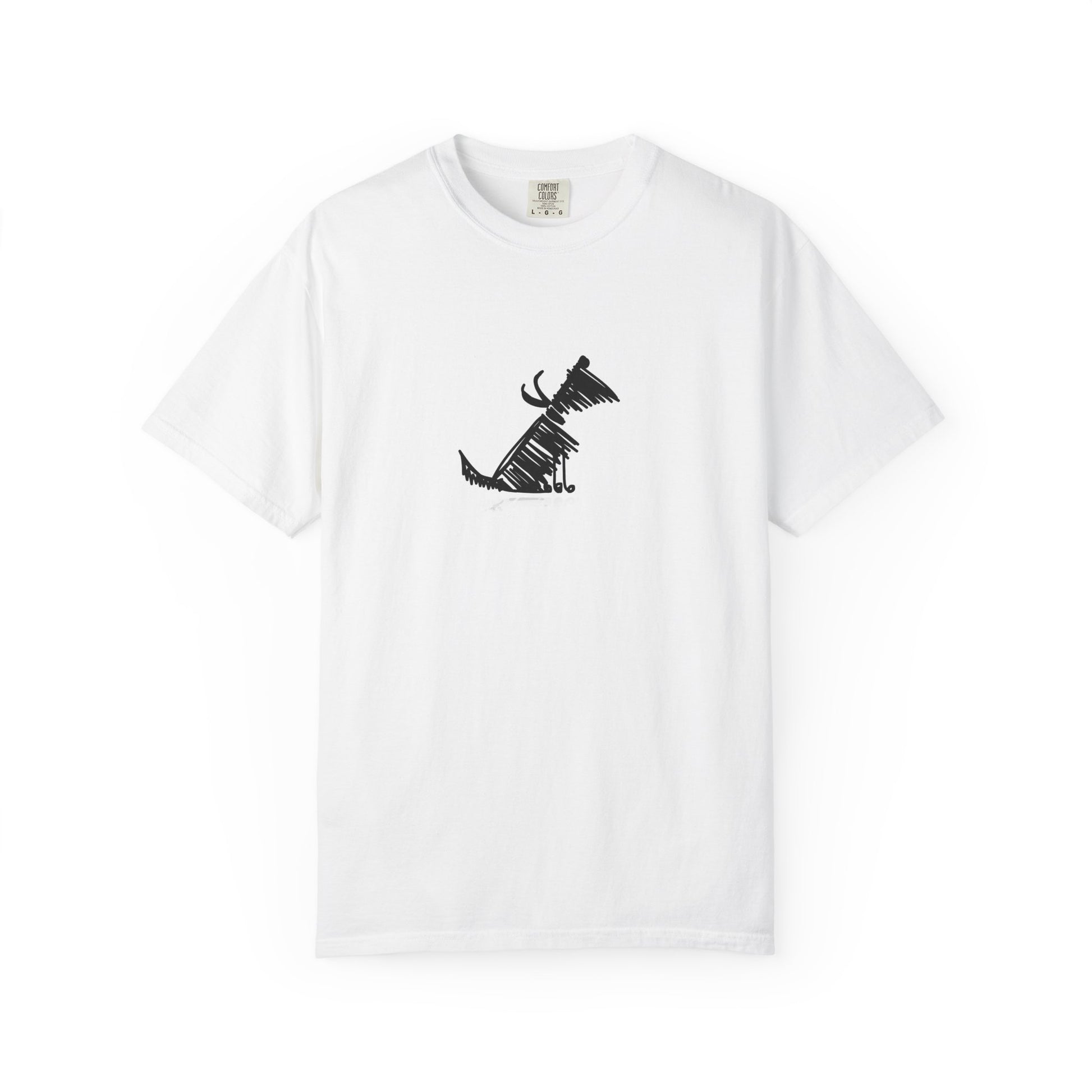 white t-shirt with abstract black dog illustration design