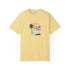 Yellow t-shirt with a palm tree and travel-themed graphic on a white background