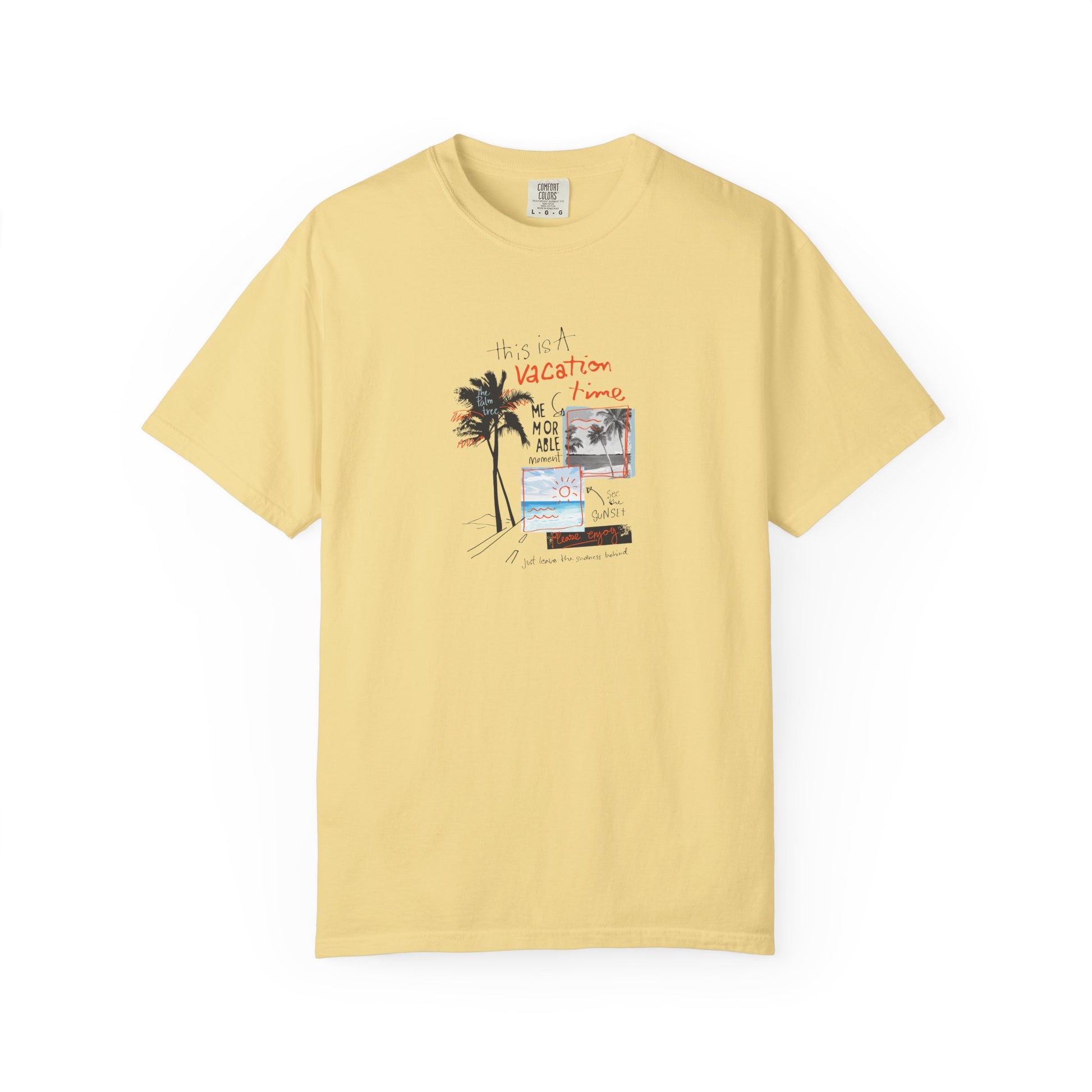 Yellow t-shirt with a palm tree and travel-themed graphic on a white background